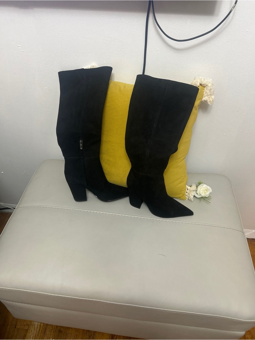 Knee-High Black Suede Pointed Toe Block Heel Boots